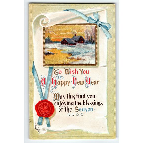 Vintage 1913 Lithograph Happy New Year Postcard Winter Cottage Scene - Picture 1 of 2